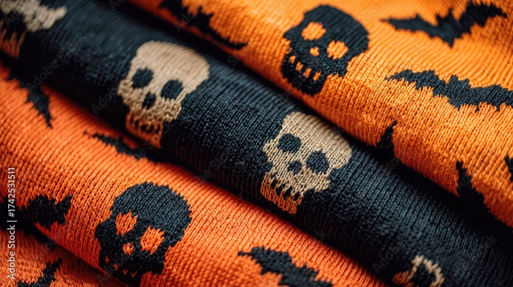 Fototapeta premium Halloween-themed fabric design featuring skulls and bats pattern