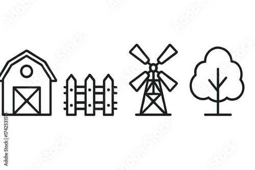 Farm elements: barn, fence, windmill, and tree outline icons
