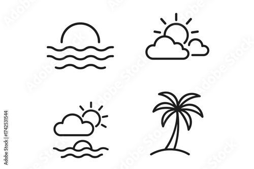 Minimalist beach icons: sunset, clouds, palm tree line art collection