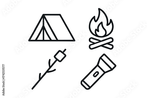 Camping essentials: tent, campfire, marshmallow on stick, flashlight icons