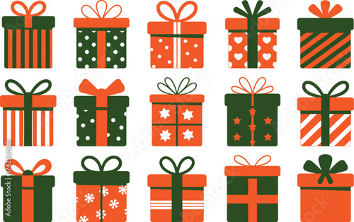 Vector art of festive gift boxes with ribbons and bows in green and orange, perfect for holiday celebrations