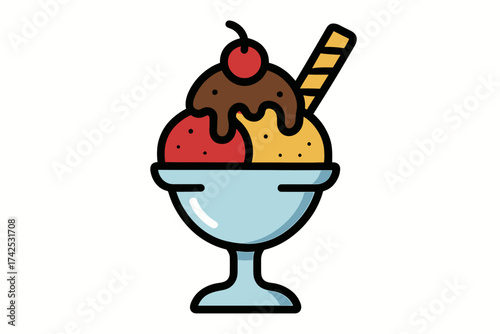 Colorful ice cream sundae with cherry and wafer in blue dessert bowl