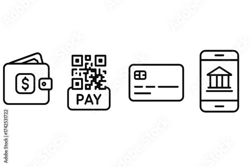 Digital payment icons: wallet, qr code, credit card, mobile banking