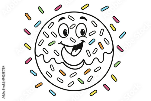 Happy smiling doughnut with sprinkles coloring page for kids