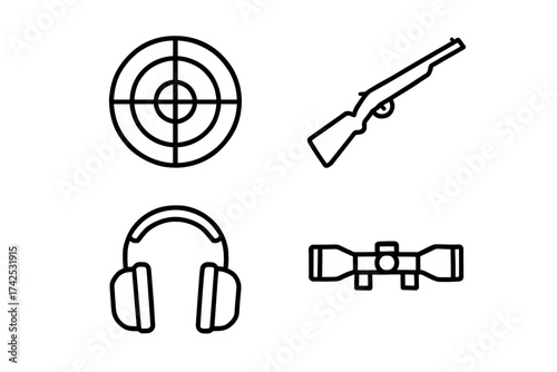 Hunting equipment line icons: target, rifle, headphones, and scope