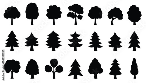 Diverse silhouette tree collection vector icons scalable eps graphic elements for nature and landscape designs silhouette vector illustration white background