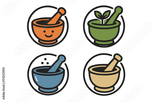 Colorful cartoon mortar and pestle icons with plant and smiling face