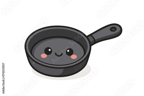 Cute smiling cartoon frying pan with blushing cheeks on white background