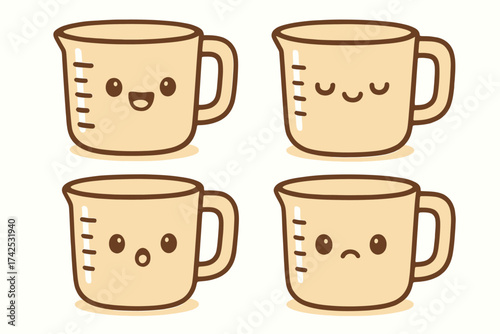 Cute cartoon mugs with adorable expressions and measurement markings