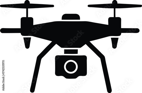 Silhouette vector illustration of a modern drone with camera for aerial photography and surveillance eps scalable icon silhouette vector illustration white background