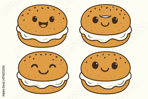 Cute smiling bagel characters with cream cheese and kawaii expressions