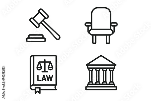 Legal icons: gavel, judge's chair, law book, courthouse line art