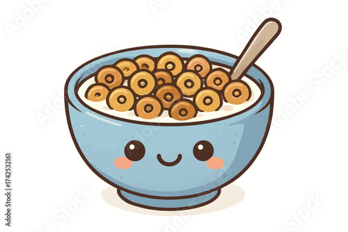 Cute illustrated cereal bowl with smiling face and spoon