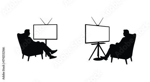 Two silhouetted figures watching a blank television screen in chairs