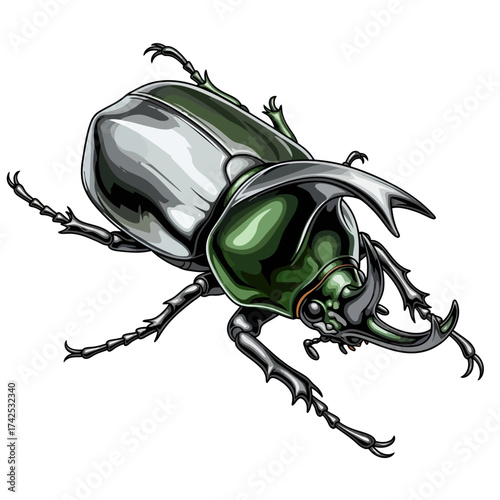 Detailed illustration of a vibrant green rhinoceros beetle with prominent horns on a white background, showcasing intricate anatomical features and a metallic sheen