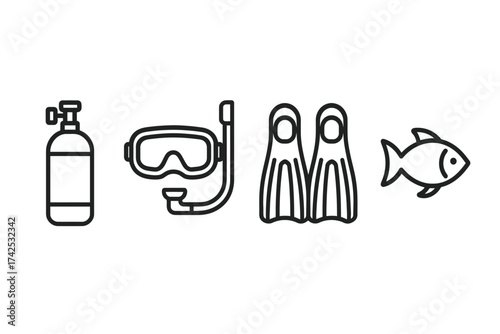 Diving equipment icons: tank, mask, flippers, fish silhouette