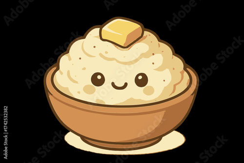 Cute kawaii cartoon bowl of happy mashed potatoes with butter