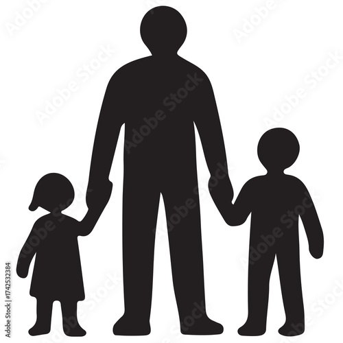 Father Silhouette Holding Hands with Children at Sunset, Family Bond, Outdoor Scene, Illustrative Concept