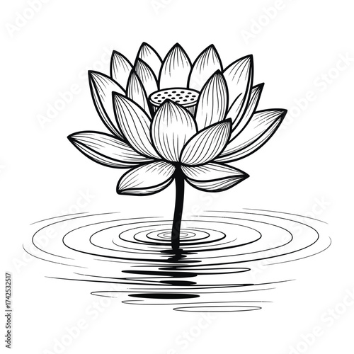 A single white water lily flower with a pink hue blooms on a green leaf, isolated as a floral illustration
