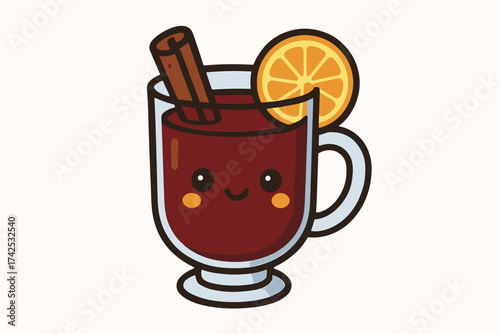 Cute kawaii mulled wine with cinnamon stick and orange slice illustration