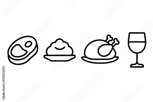 Food icons: steak, mashed potatoes, roast chicken, wine glass