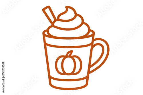 Pumpkin spice latte icon with whipped cream and straw design