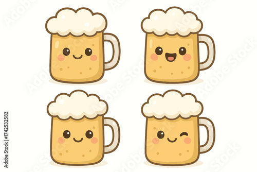 Cute kawaii beer mugs with smiling faces and foam