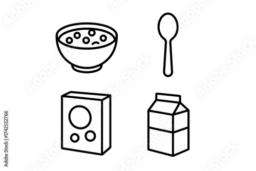 Simple breakfast icons: cereal, spoon, box, and milk cartoon line art set