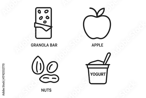 Granola bar nuts apple yogurt icons simple black line style
