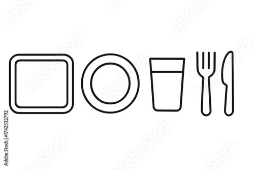Minimalist tableware icons featuring plate, glass, and cutlery set