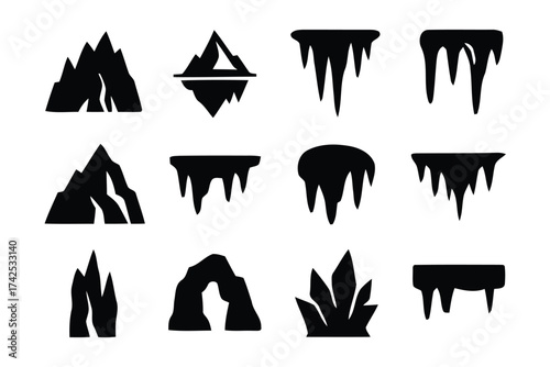 Collection of vector iceberg and icicle illustrations for scalable graphic design projects eps format silhouette vector illustration white background