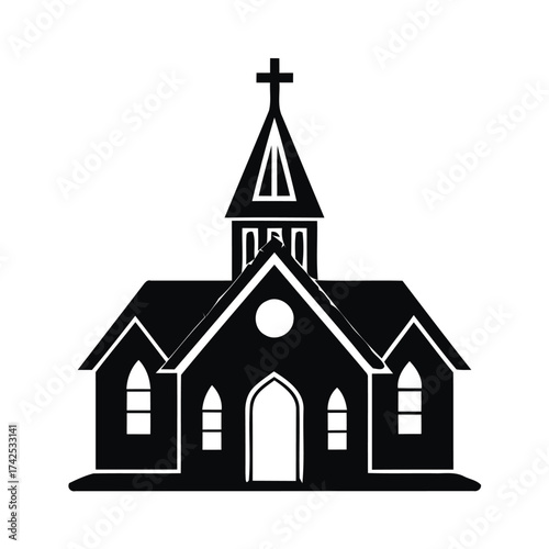 Scalable vector illustration of a classic church building with cross and architectural details eps icon silhouette vector illustration white background
