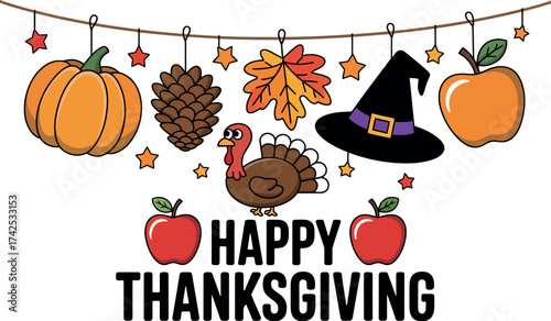 Vector art of happy thanksgiving illustration with pumpkin, turkey, apple, hat, leaf, pinecone
