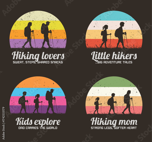 Family travel. Parents and children with trekking poles. 60s label set