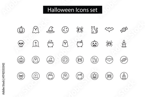 Halloween Icons Set Collection, modern minimal line style. Includes pumpkin, ghost, witch hat, spider, cat, bat, candy, skull, cauldron, tombstone, and candle symbols. Perfect for seasonal designs, 