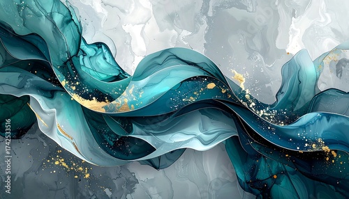 Flowing teal and grey abstract fluid art with gold