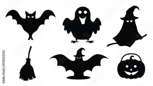 Set of 6 black halloween vector icons bat ghost witch hat broom pumpkin scalable eps illustration silhouette vector illustration white background