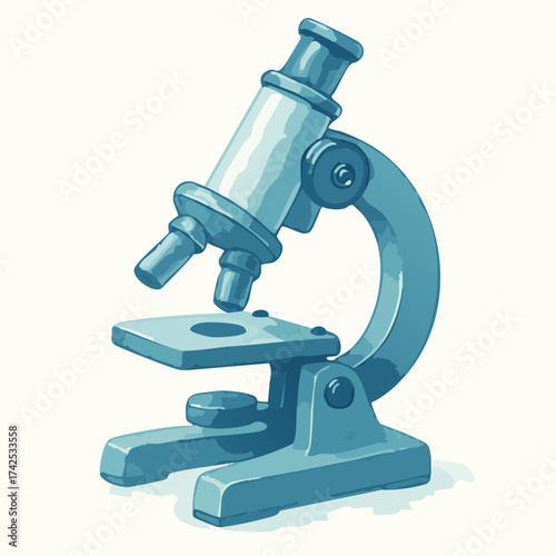 A stylized, watercolor-style illustration of a blue compound microscope used for scientific research and education.