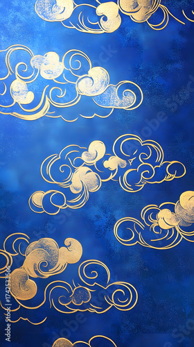 Golden Clouds of serenity: Golden clouds gracefully dance against a backdrop of deep indigo, creating a mesmerizing atmosphere, the image invites a sense of tranquility and wonder.
