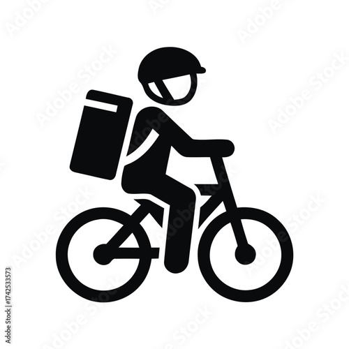 Delivery rider on bicycle with backpack vector illustration scalable eps icon for food and package services silhouette vector illustration white background