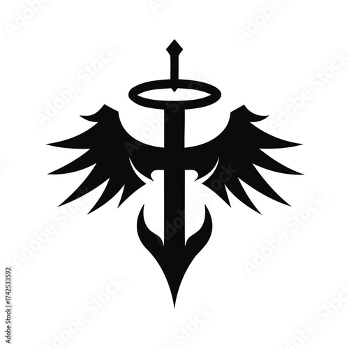 Symbolic angelic sword with wings and halo vector illustration for design and branding silhouette vector illustration white background