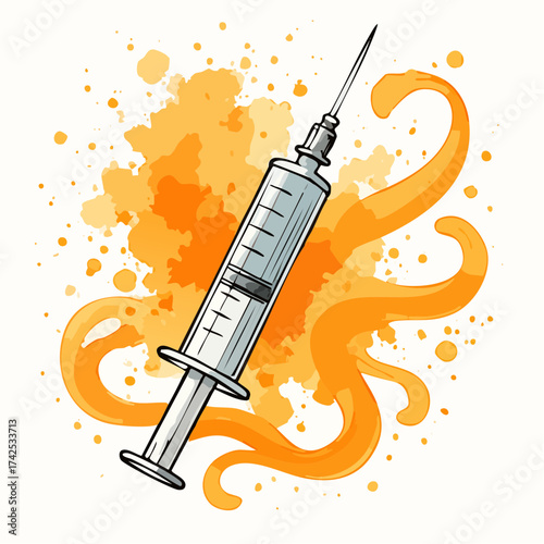 Illustration of a syringe with liquid, surrounded by orange watercolor splashes and swirls.
