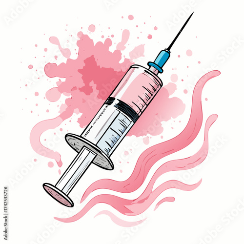 Illustration of a syringe with pink liquid and watercolor effects.