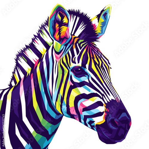 Striking pop art zebra portrait rendered with an explosion of vivid colors, transforming its iconic stripes into a modern, eye-catching visual statement