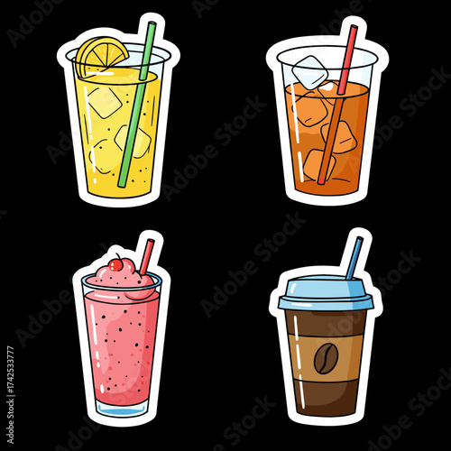 Colorful refreshing drinks in various styles with straws on dark background  