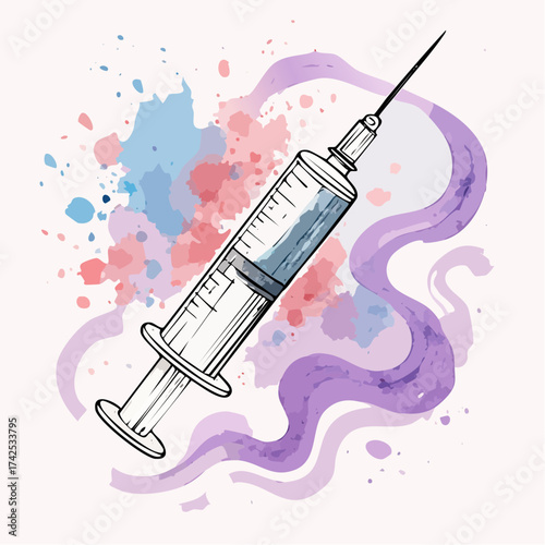 A stylized illustration of a medical syringe with a needle, set against a vibrant background of pink, blue, and purple watercolor splashes.