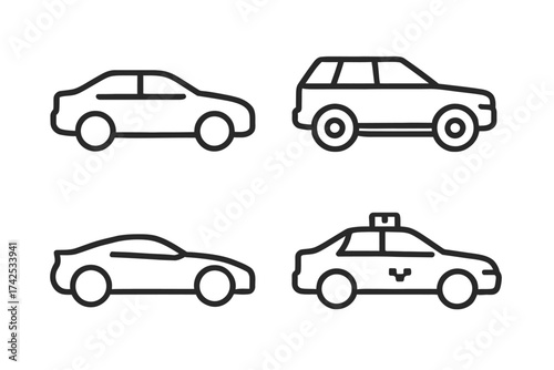 Simple line art: car icons set - sedan, suv, coupe, taxi