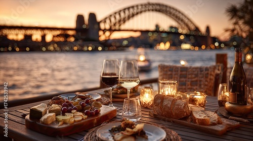 Romantic Dinner Setting with Wine and Cheese Near Sydney Harbour Bridge