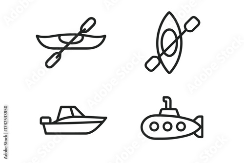 Minimalistic icons of kayak, canoe, boat, and submarine for nautical themes