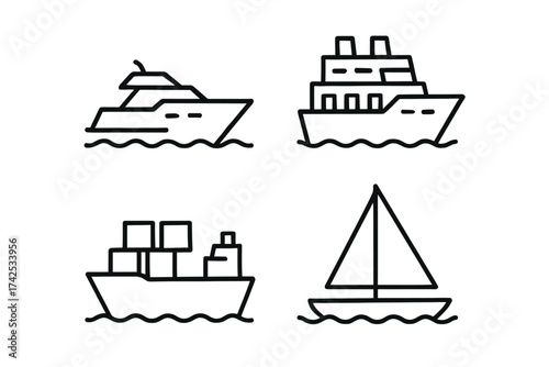 Simple line art of boats: yacht, cruise ship, cargo ship, sailboat